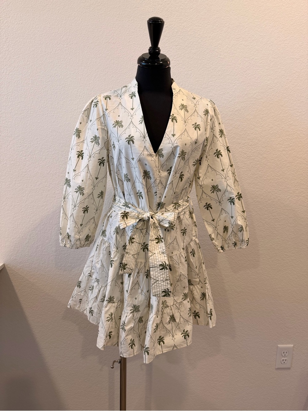 Zara White Mini Wrap Dress with Green Palm Print